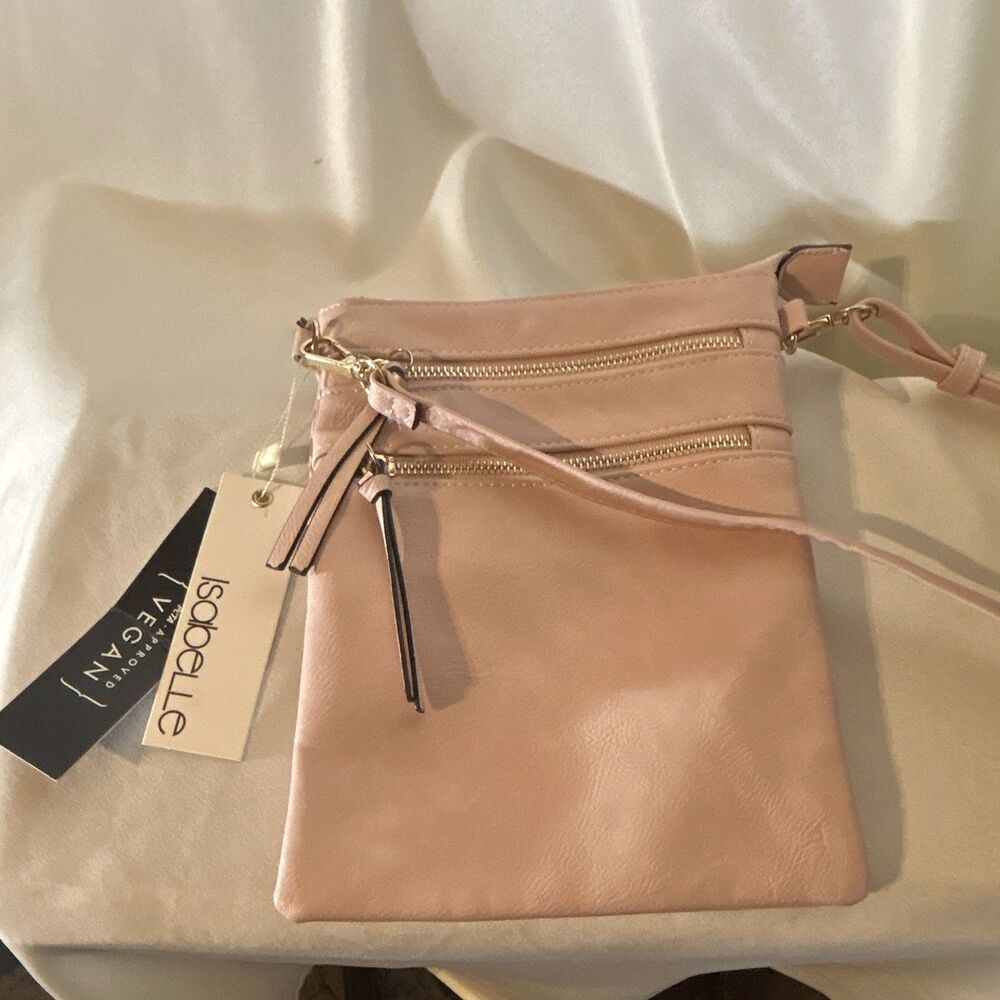 NWT Isabelle Vegan Small Pink Crossbody Bag Gold Zip Detachable Strap